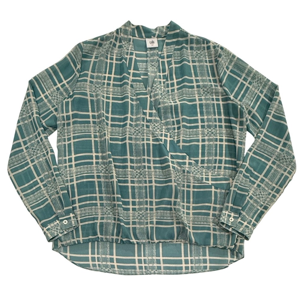 Cabi Womens 3068 Windowpane Faux Wrap Blouse Aqua Cream Size Medium W535